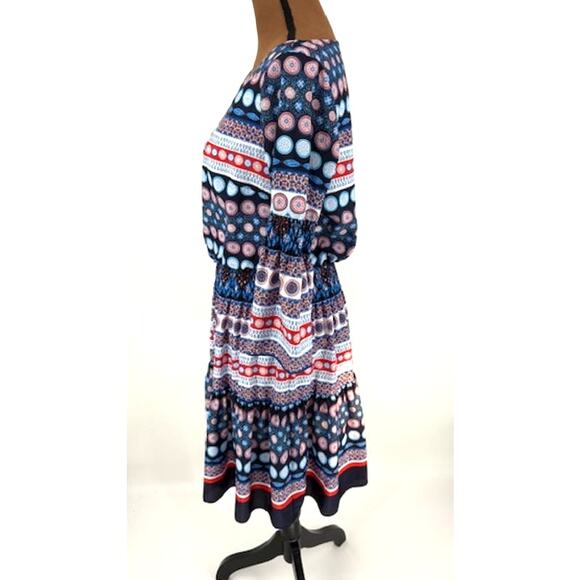 Eliza J Moroccan Inspired Elastic Waist Circle Print Dress in Navy Blue – Size 8 - Picture 2 of 7